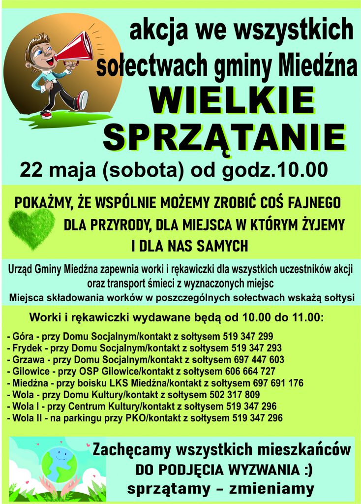 Plakat promujący sprzątanie w gminie dnia 22 maja 2021 od godz. 10:00