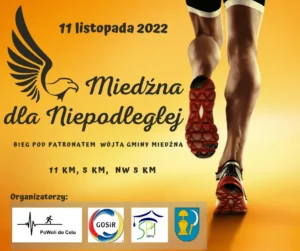 Plakat Miedźna dla Niepodległej - biegacz i logotypy organizatorów.