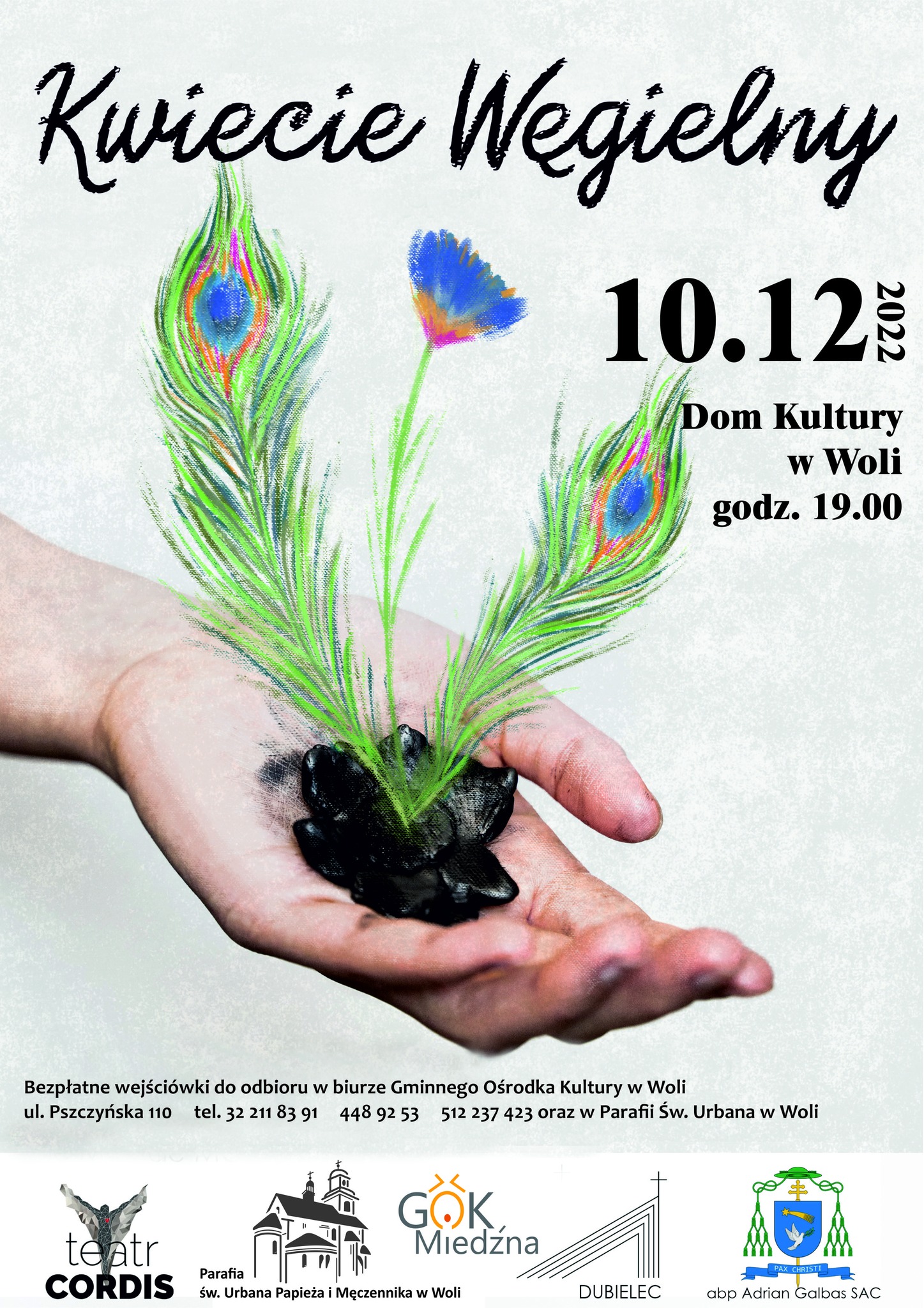 Plakat promujący spektakl tańca nowoczesnego " Kamień węgielny" dnia 10.12.2022 godz. 19:00 Dom Kultury w Woli
