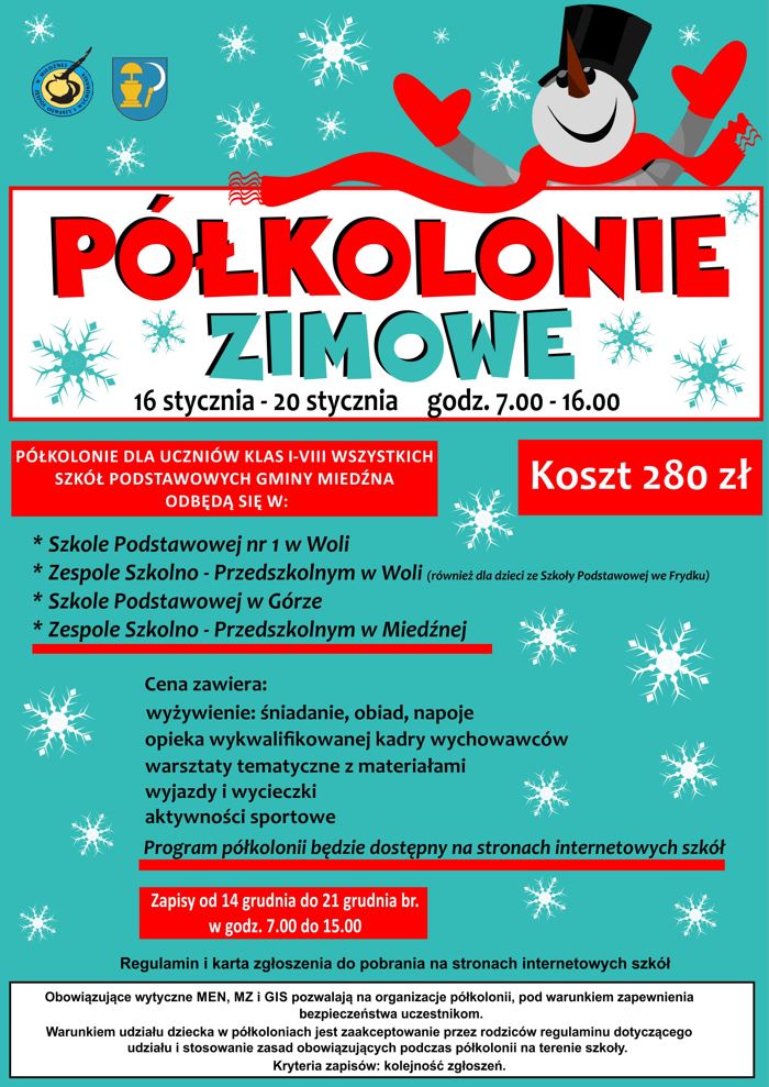 Plakat promujący pólkolonie zimowe w Gmminie Miedźna.